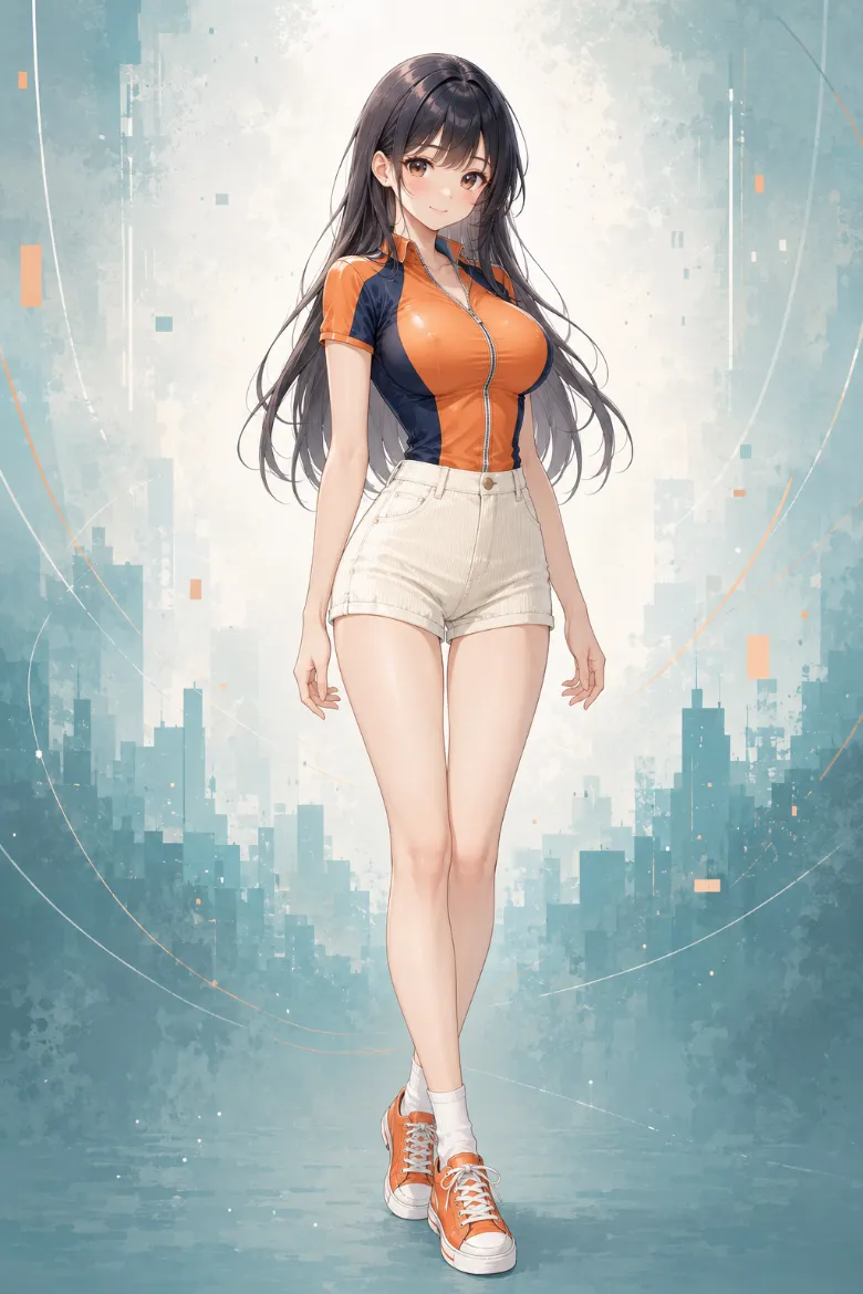 AIイラスト版｜オレンジのフロントジップトップスとクリーム色のコーデュロイショートパンツのコーデ