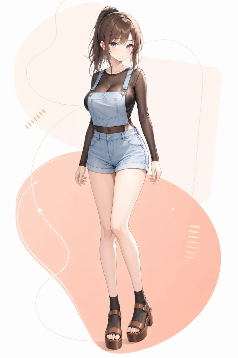 AIイラスト版｜黒のシアーメッシュトップスとライトブルーのデニムショートオールのレイヤードコーデ