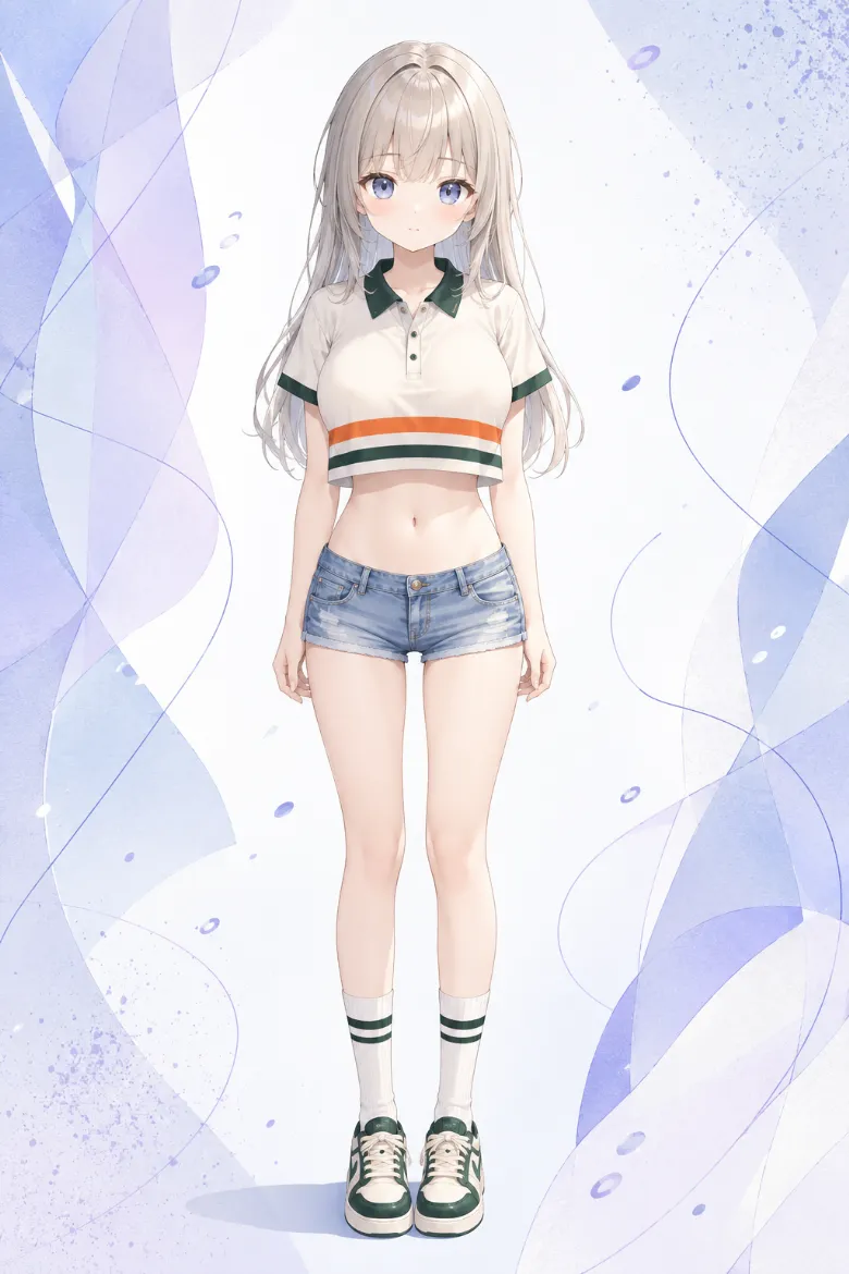AIイラスト版｜アイボリーのスーパークロップドポロと色落ちデニムショートパンツのコーデ