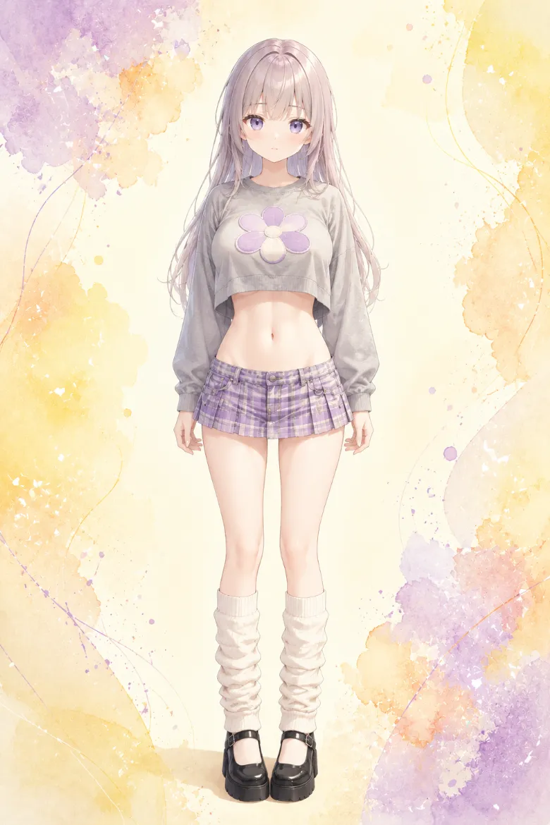 AIイラスト版｜杢グレーのスーパークロップドスウェットとラベンダー×グレーのチェックプリーツミニスカートのコーデ
