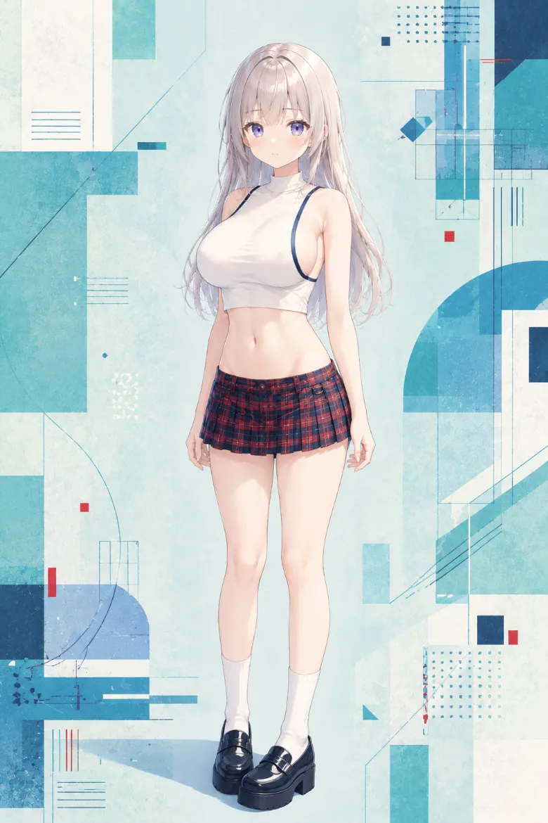 AIイラスト版｜白のハイネックノースリーブトップスと赤×ネイビーのチェックプリーツミニスカートのコーデ