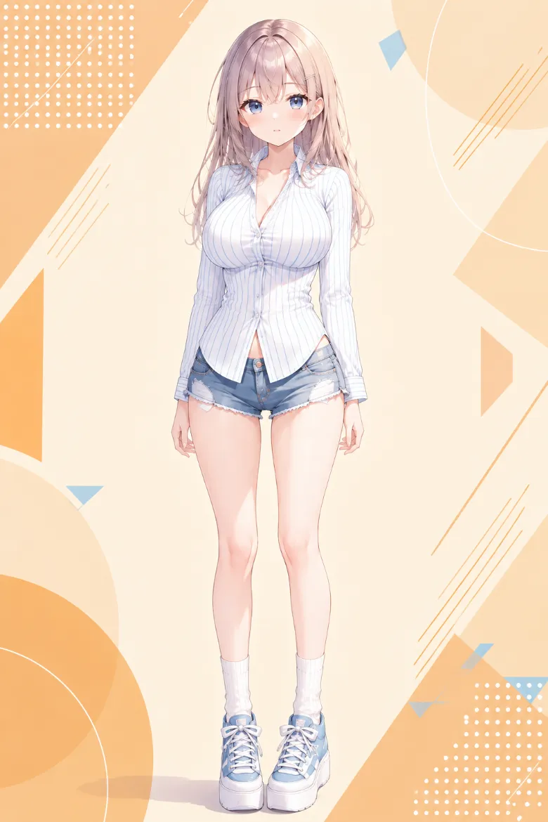 AIイラスト版｜白×水色ストライプシャツと色落ちデニムのカットオフショートパンツのコーデ