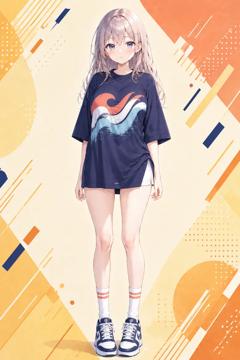 AIイラスト版｜ネイビーのオーバーサイズTシャツと白のフィットショートパンツのカジュアルコーデ
