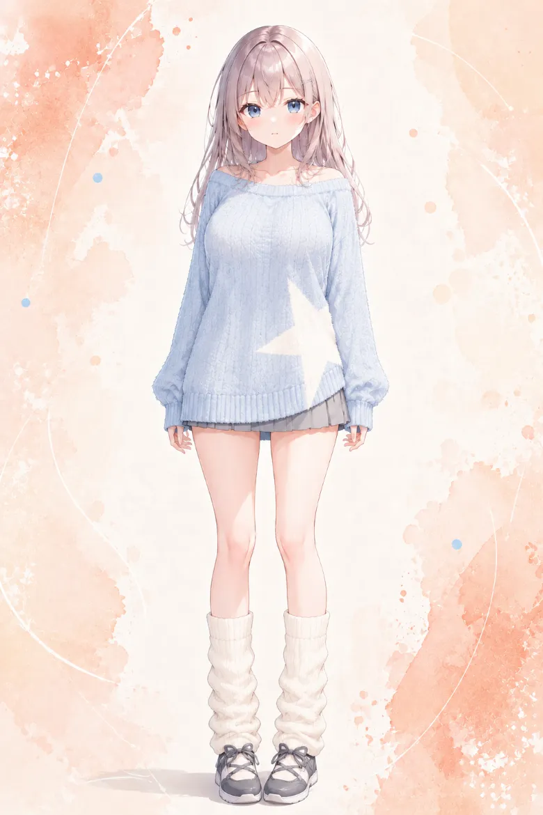 AIイラスト版｜ペールブルーのシャギーニットとグレーのプリーツミニスカートのコーデ