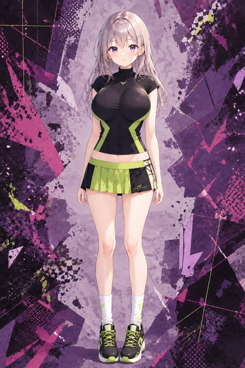 AIイラスト版｜黒×ライムのスポーツトップスとライム×黒のプリーツスコートのスポーティーコーデ