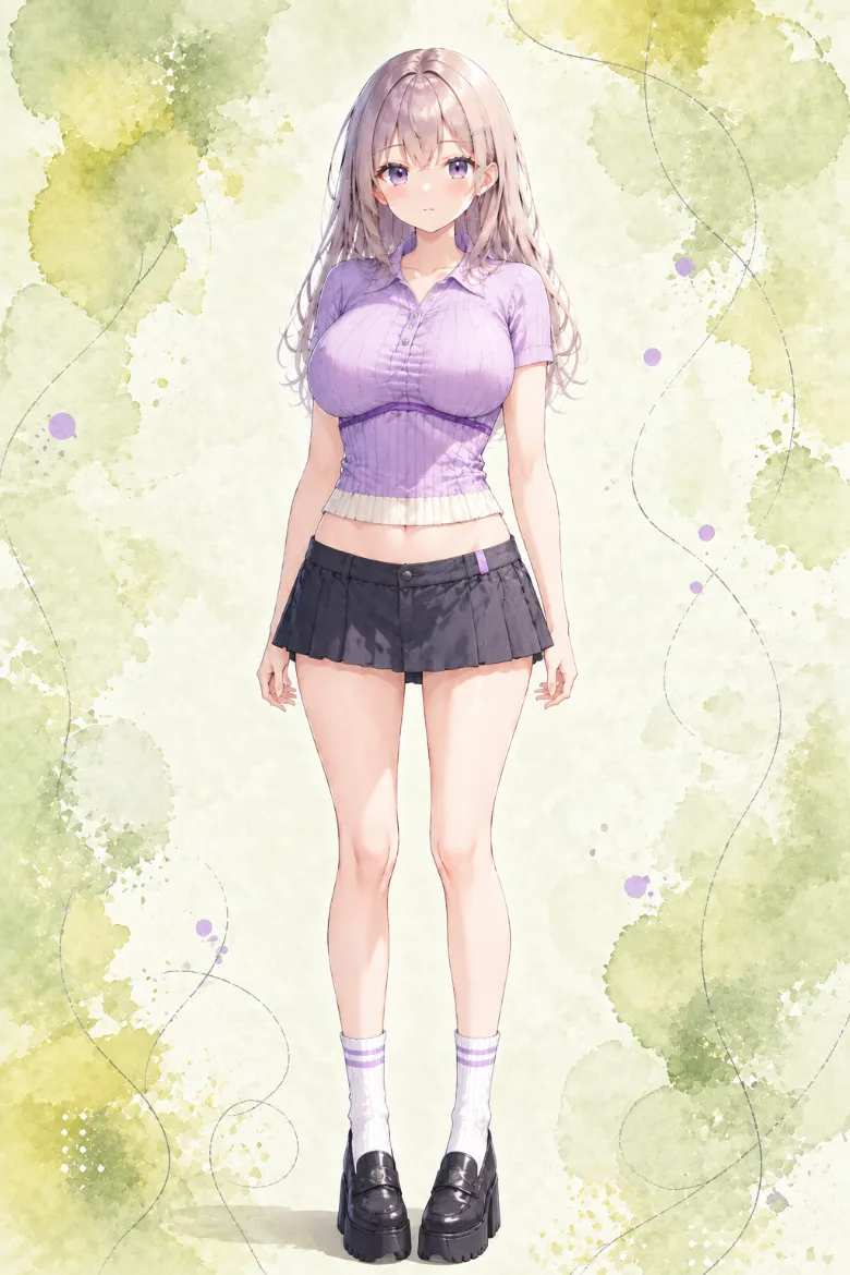 AIイラスト版｜ラベンダーのニットポロとチャコールの台形ミニスカートのコーデ