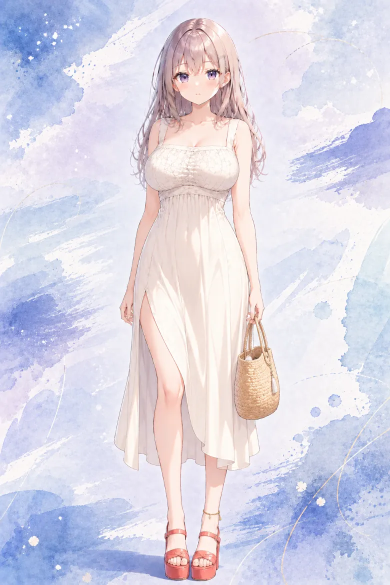 AIイラスト版｜クリーム色のエンパイアワンピースとコーラルの厚底サンダルのコーデ