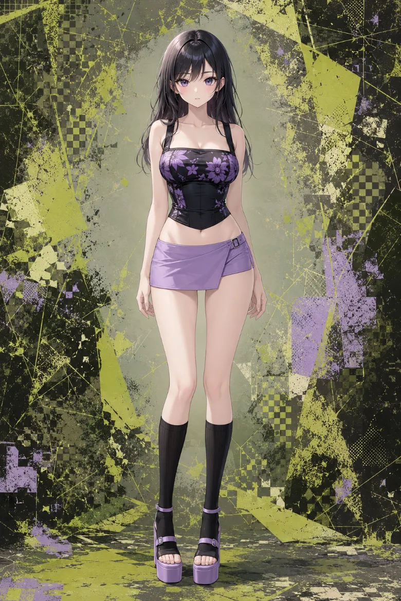 AIイラスト版｜黒ベースの花柄コルセットトップとラベンダーのアシンメトリースコートのコーデ