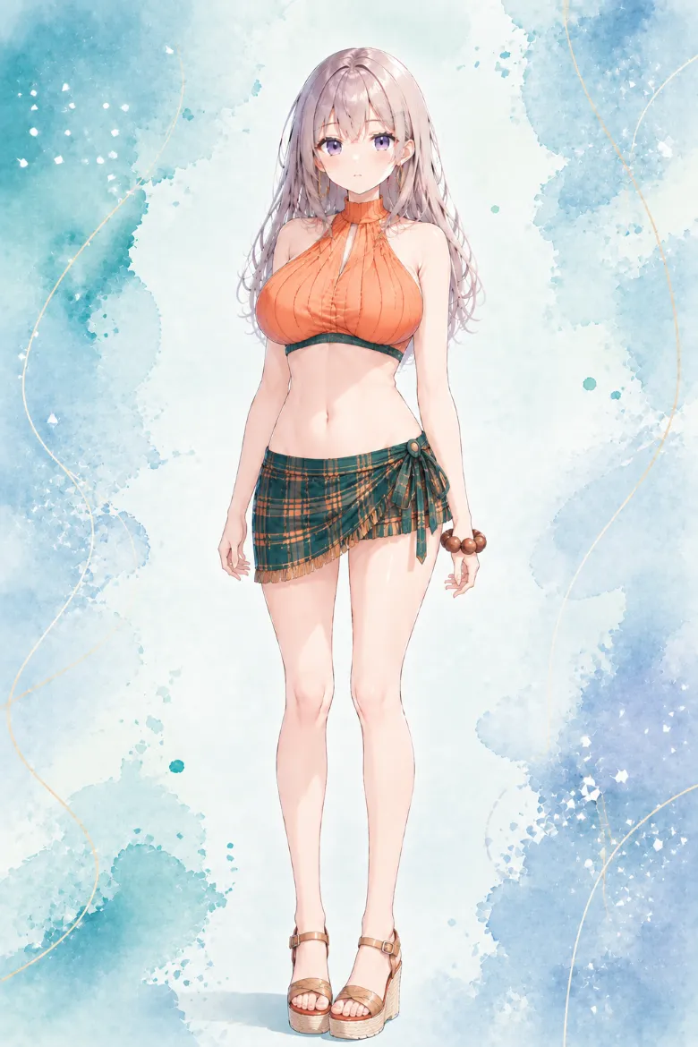 AIイラスト版｜オレンジのハイネックホルタートップとダークグリーン×オレンジのチェックラップミニスカートのコーデ