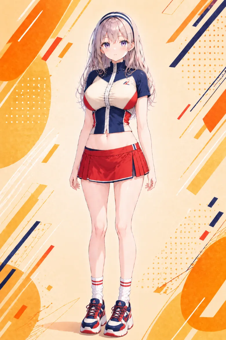 AIイラスト版｜ネイビー×アイボリーのトラックトップと赤のサイドプリーツスコートのスポーティーコーデ