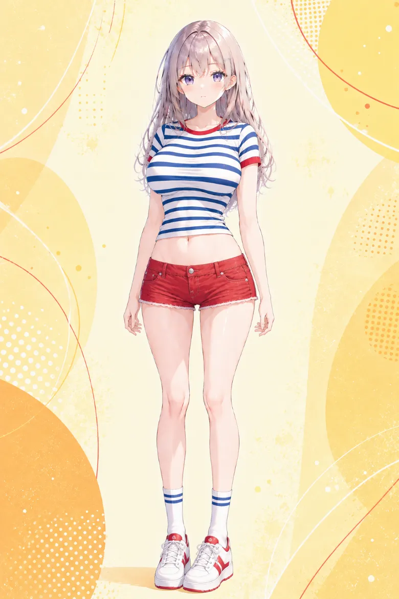 AIイラスト版｜白×コバルトブルーの太ボーダーニットトップスと赤のデニムショートパンツのコーデ