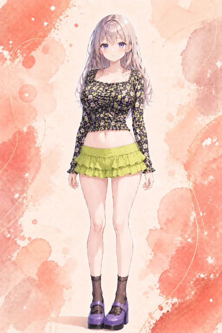 AIイラスト版｜黒の小花柄シャーリングトップスとライムグリーンのティアードミニスカートのコーデ