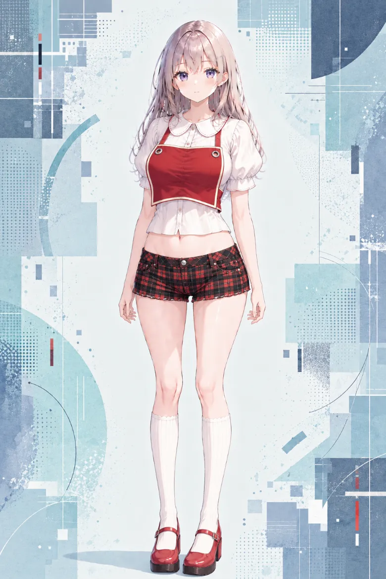 AIイラスト版｜白のパフ袖ブラウスとチェリーレッドのビブベスト、黒×赤チェックのショートパンツのコーデ