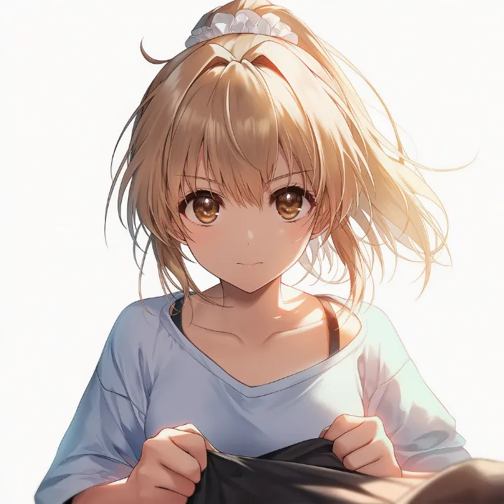 服をぎゅっと掴むポーズのAIイラスト