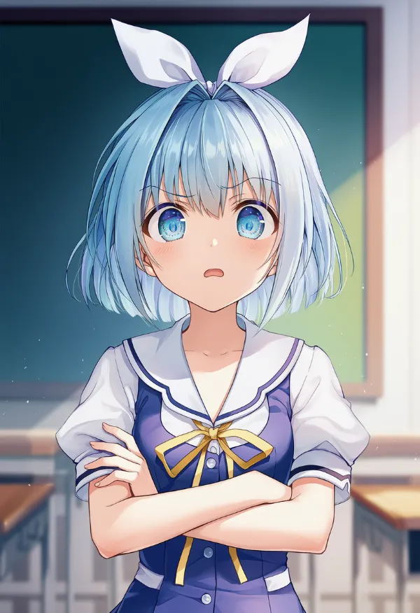 不機嫌そうに腕を組むポーズのAIイラスト