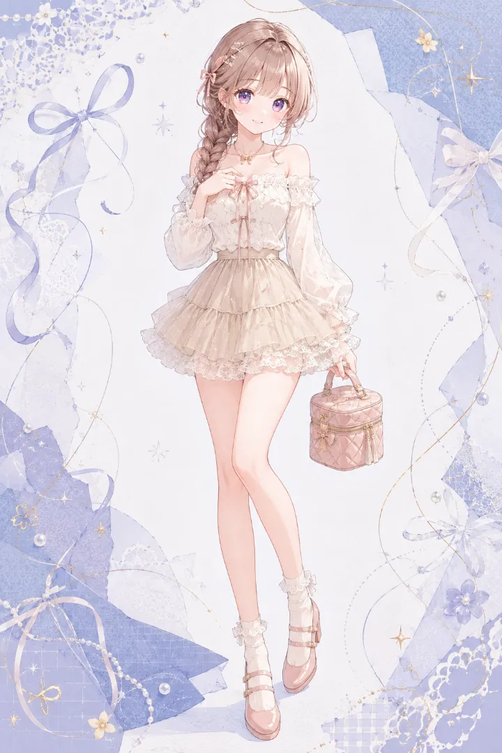 AIイラスト版｜アイボリーのオフショルダーブラウスとライトベージュの2段ティアードミニスカートを合わせたえちかわ服のコーデ