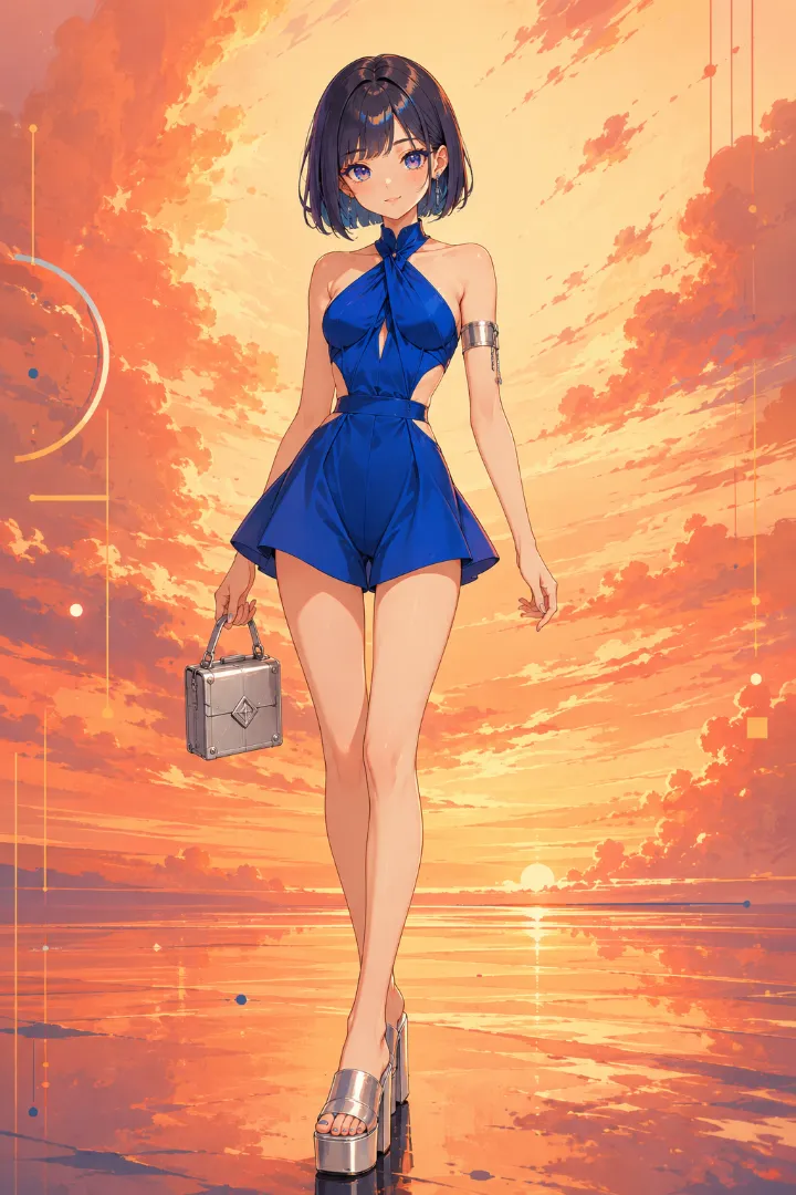 AIイラスト版｜ウエスト両脇にカットアウトを入れたコバルトブルーのショートロンパースを使ったえちかわ服のコーデ