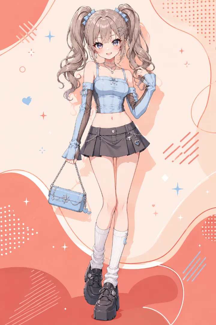 AIイラスト版｜パウダーブルーのキャミソールとデタッチドスリーブ、チャコールグレーのプリーツスコートを合わせたえちかわ服のコーデ