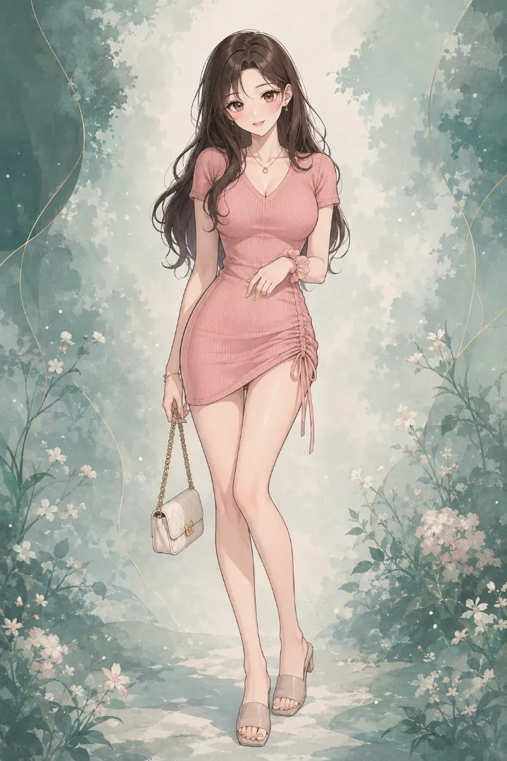 AIイラスト版｜左脇にシャーリングを入れたダスティピンクの半袖Vネックミニワンピースを使ったえちかわ服のコーデ