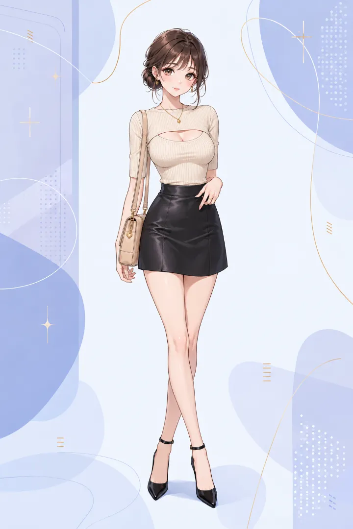 AIイラスト版｜胸元カットアウトのライトベージュトップスとブラックのハイウエスト台形ミニスカートを合わせたえちかわ服のコーデ