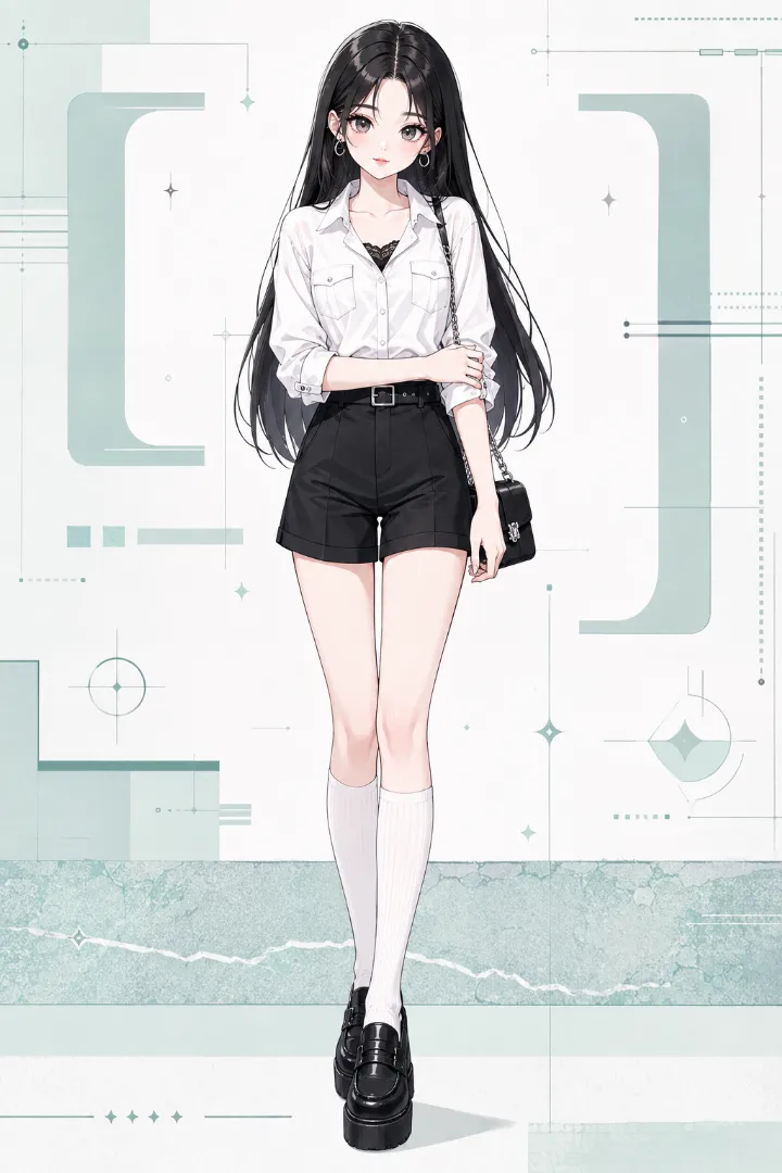 AIイラスト版｜ホワイトのポイントカラーシャツとブラックのレースキャミソール、ハイウエストショートパンツを合わせたえちかわ服のコーデ