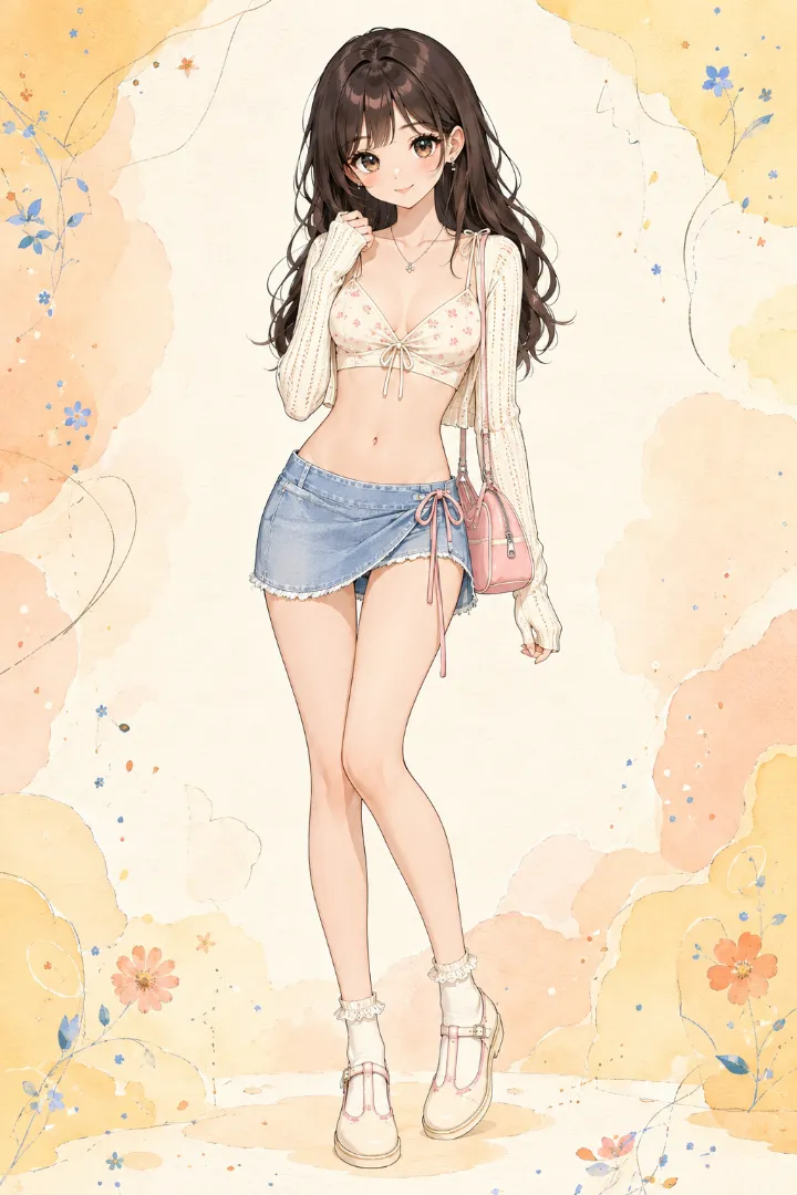 AIイラスト版｜アイボリーの花柄クロップドキャミソールとボレロ、ライトブルーのデニムスコートを合わせたえちかわ服のコーデ