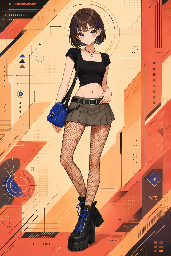 AIイラスト版｜ブラックのクロップドトップスとオリーブグレージュのローライズプリーツミニスカートを合わせたえちかわ服のコーデ