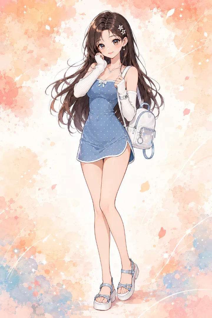 AIイラスト版｜白いドットとパイピングをあしらったダスティブルーのキャミソールマイクロドレスを使ったえちかわ服のコーデ