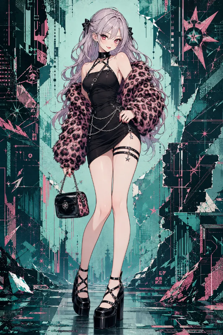 AIイラスト版｜ブラックのホルターマイクロドレスにダスティピンク系のレオパードジャケットを合わせたえちかわ服のコーデ