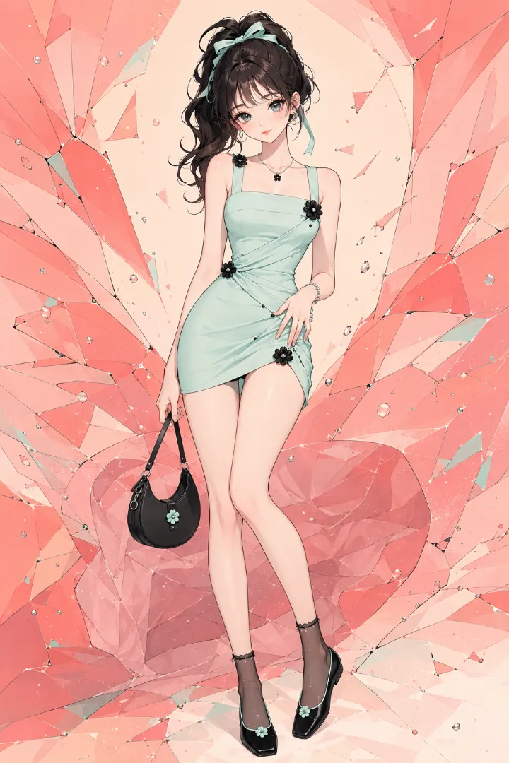 AIイラスト版｜斜めドレープと黒い立体花をあしらったアイシーミントのスクエアネックマイクロドレスを使ったえちかわ服のコーデ