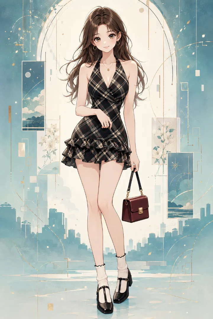 AIイラスト版｜ブラックベースの大判タータン柄ホルターミニワンピースを使ったえちかわ服のコーデ