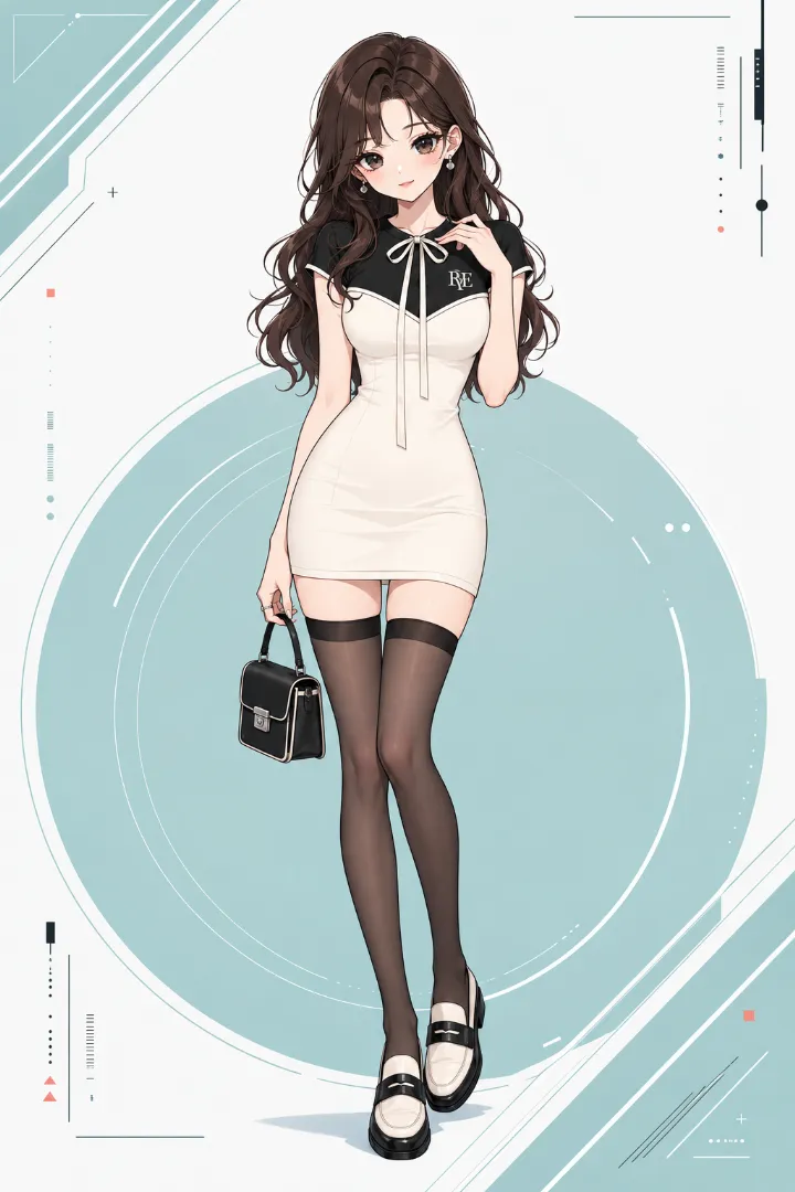 AIイラスト版｜ブラックヨークとアイボリーパイピングを配したアイボリーホワイトのタイトミニワンピースを使ったえちかわ服のコーデ