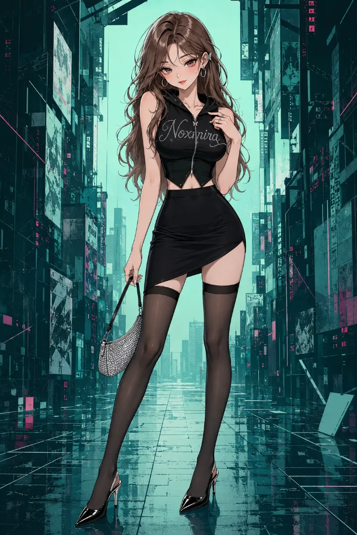 AIイラスト版｜ブラックのノースリーブクロップドフーディーとボディコンミニスカートを合わせたえちかわ服のコーデ