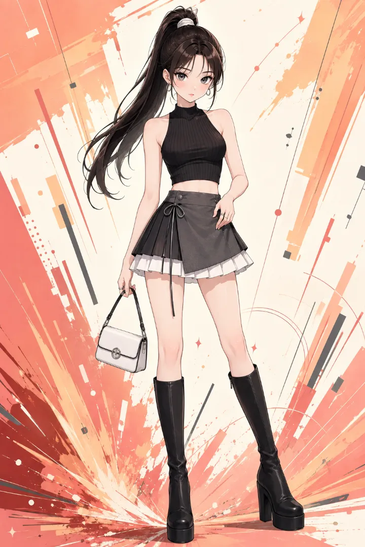 AIイラスト版｜ブラックのハイネッククロップドトップスとアイボリーのプリーツがのぞくチャコールグレーのマイクロスコートを合わせたえちかわ服のコーデ