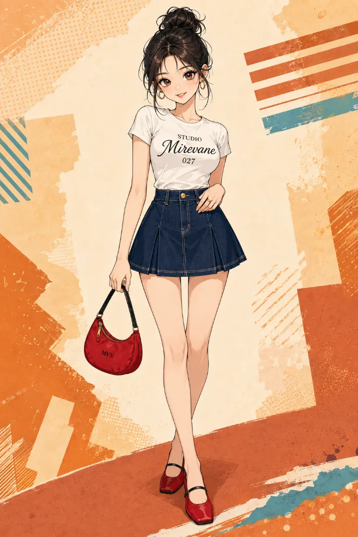 AIイラスト版｜ホワイトのロゴTシャツとダークインディゴのハイウエストプリーツデニムミニスカートを合わせたえちかわ服のコーデ
