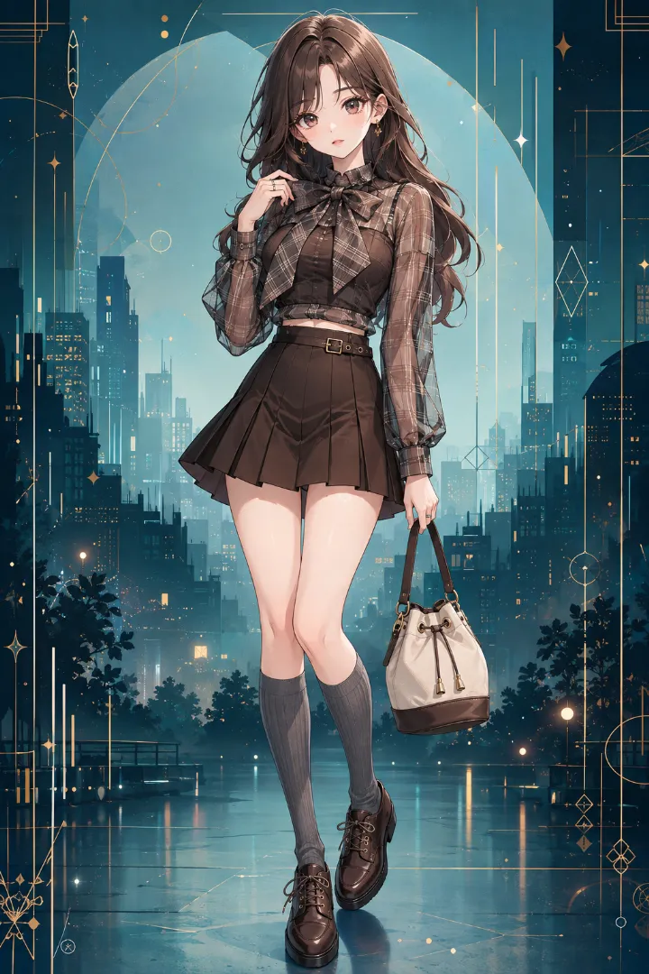 AIイラスト版｜ブラウン系タータンのシアーブラウスとチョコレートブラウンのプリーツミニスカートを合わせたえちかわ服のコーデ