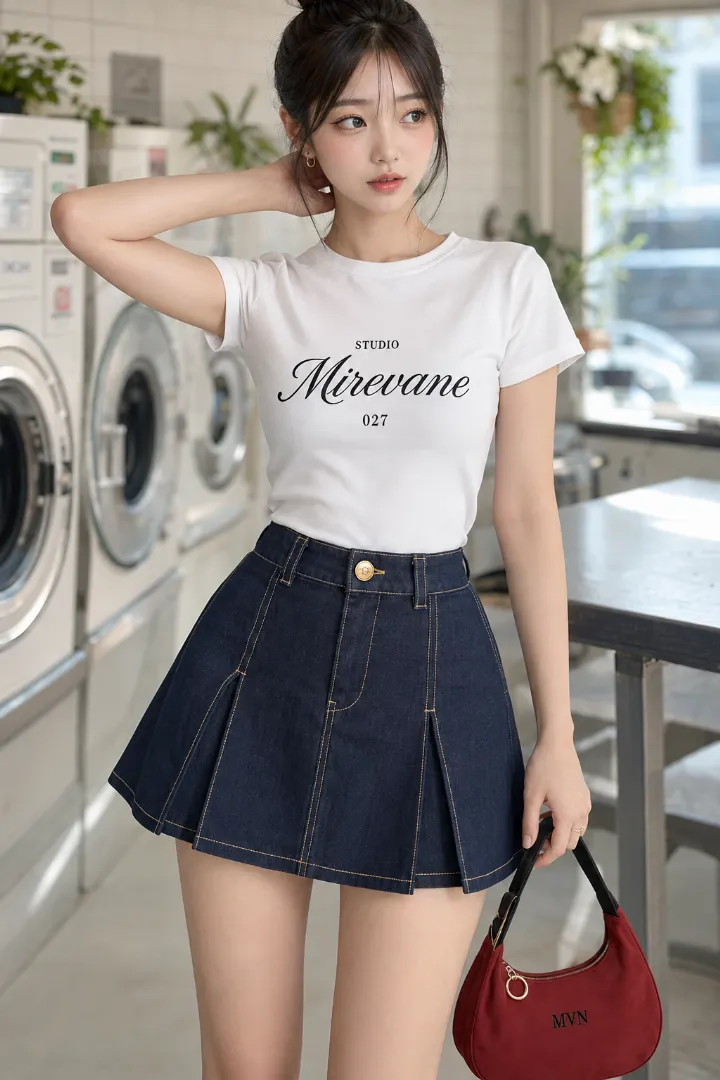 実写AI美女版｜ホワイトのロゴTシャツとダークインディゴのハイウエストプリーツデニムミニスカートを合わせたえちかわ服のコーデ