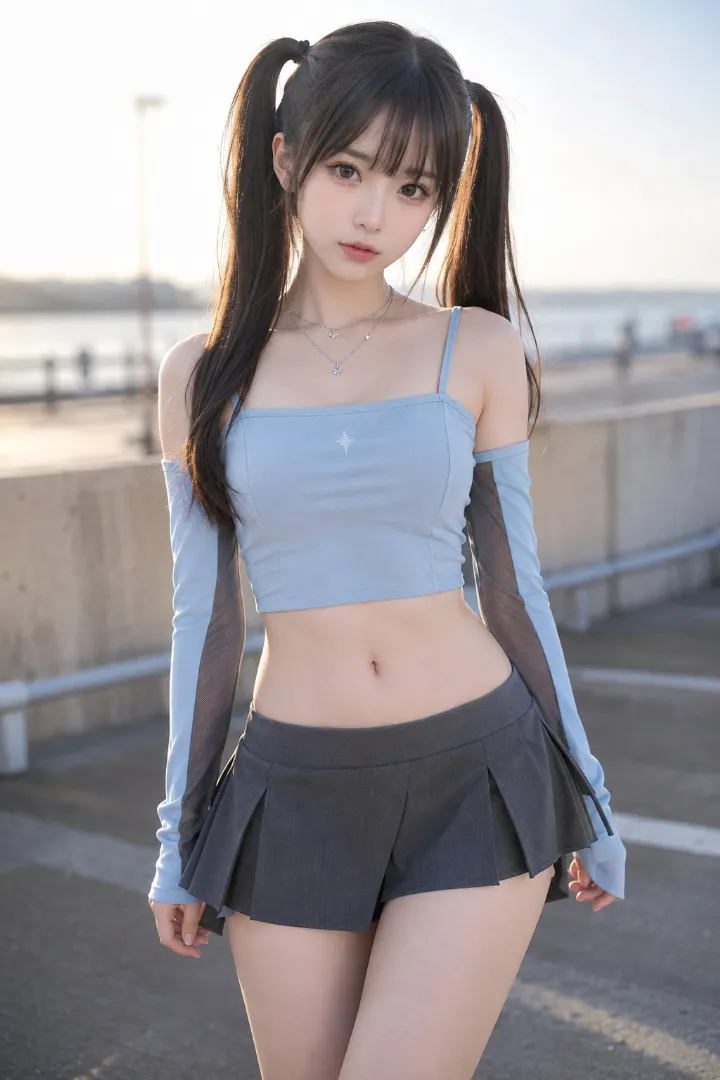 実写AI美女版｜パウダーブルーのキャミソールとデタッチドスリーブ、チャコールグレーのプリーツスコートを合わせたえちかわ服のコーデ