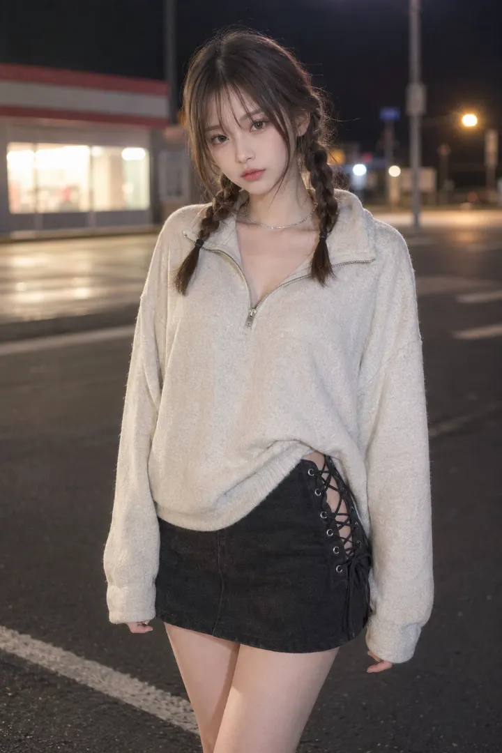 実写AI美女版｜オートミールのオーバーサイズハーフジップとウォッシュドブラックのローライズミニスカートを合わせたえちかわ服のコーデ