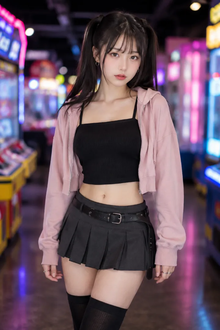 実写AI美女版｜パウダーピンクのクロップドフーディーとブラックキャミソール、チャコールグレーのプリーツミニスカートを合わせたえちかわ服のコーデ