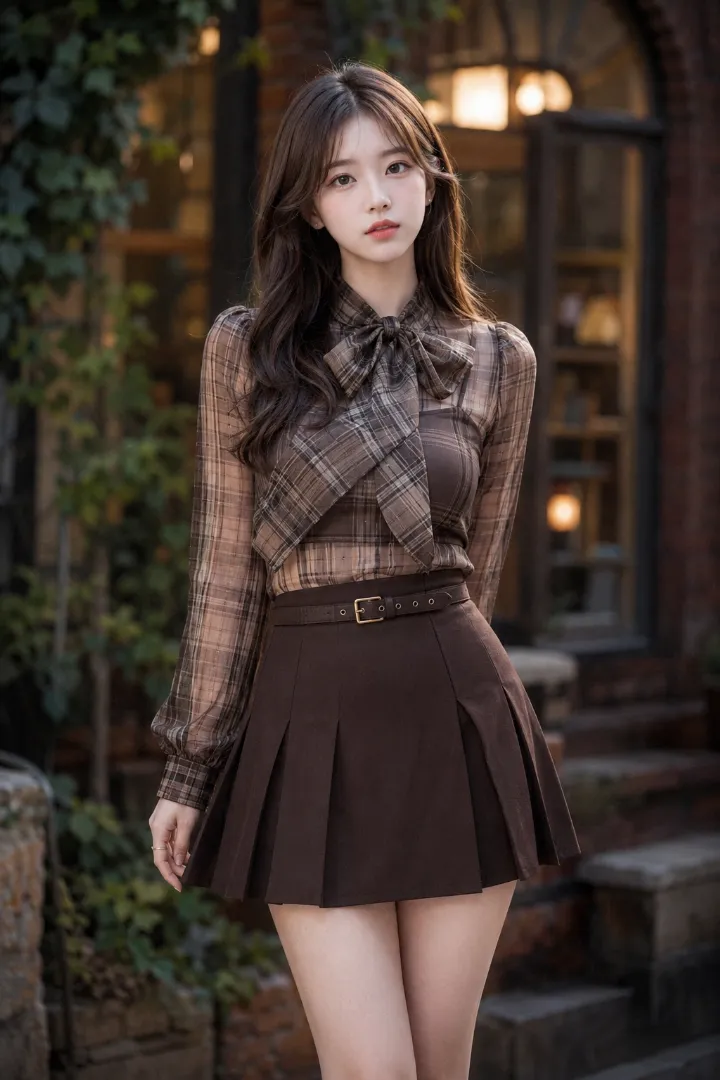 実写AI美女版｜ブラウン系タータンのシアーブラウスとチョコレートブラウンのプリーツミニスカートを合わせたえちかわ服のコーデ