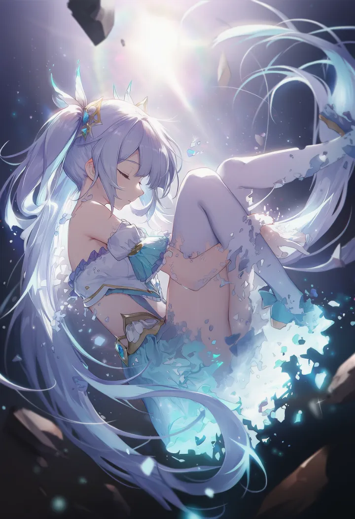 魔法少女が細かな粒子・破片になって崩れていく表現を再現したAIイラスト