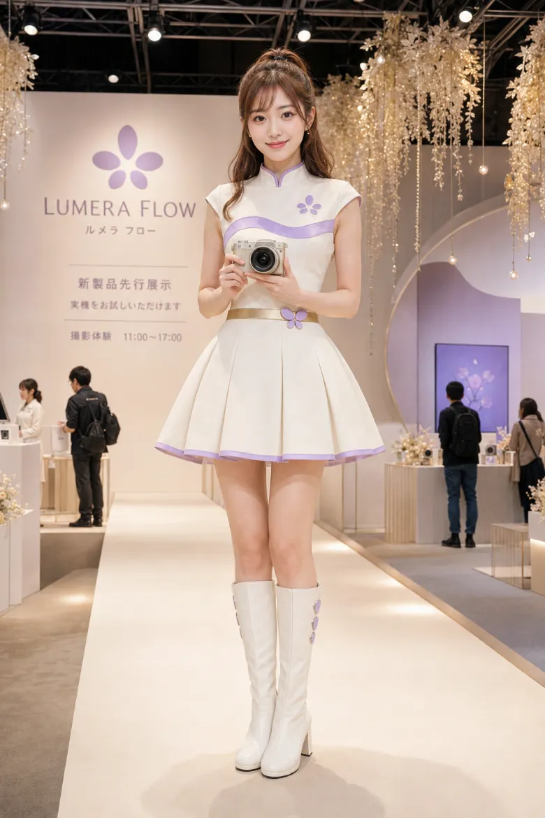 実写AI美女版｜アイボリーにラベンダーのラインを入れたフレアミニワンピースのイベントコンパニオンの衣装