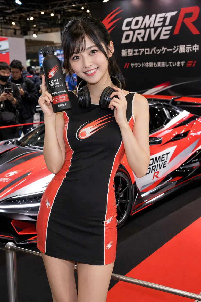 実写AI美女版｜コーラルのサイドパネルを入れたチャコールのタイトミニワンピースのイベントコンパニオンの衣装