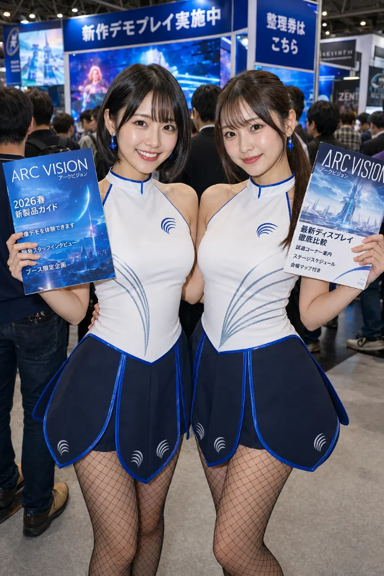 実写AI美女版｜ネイビーの花びらパネルスカートを合わせた白のノースリーブのイベントコンパニオン衣装