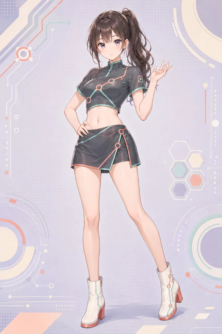 AIイラスト版｜ミント×コーラルの回路ラインを入れたグレーのクロップトップとラップスコートのイベントコンパニオンの衣装