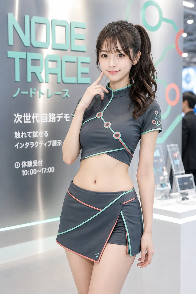 実写AI美女版｜ミント×コーラルの回路ラインを入れたグレーのクロップトップとラップスコートのイベントコンパニオンの衣装