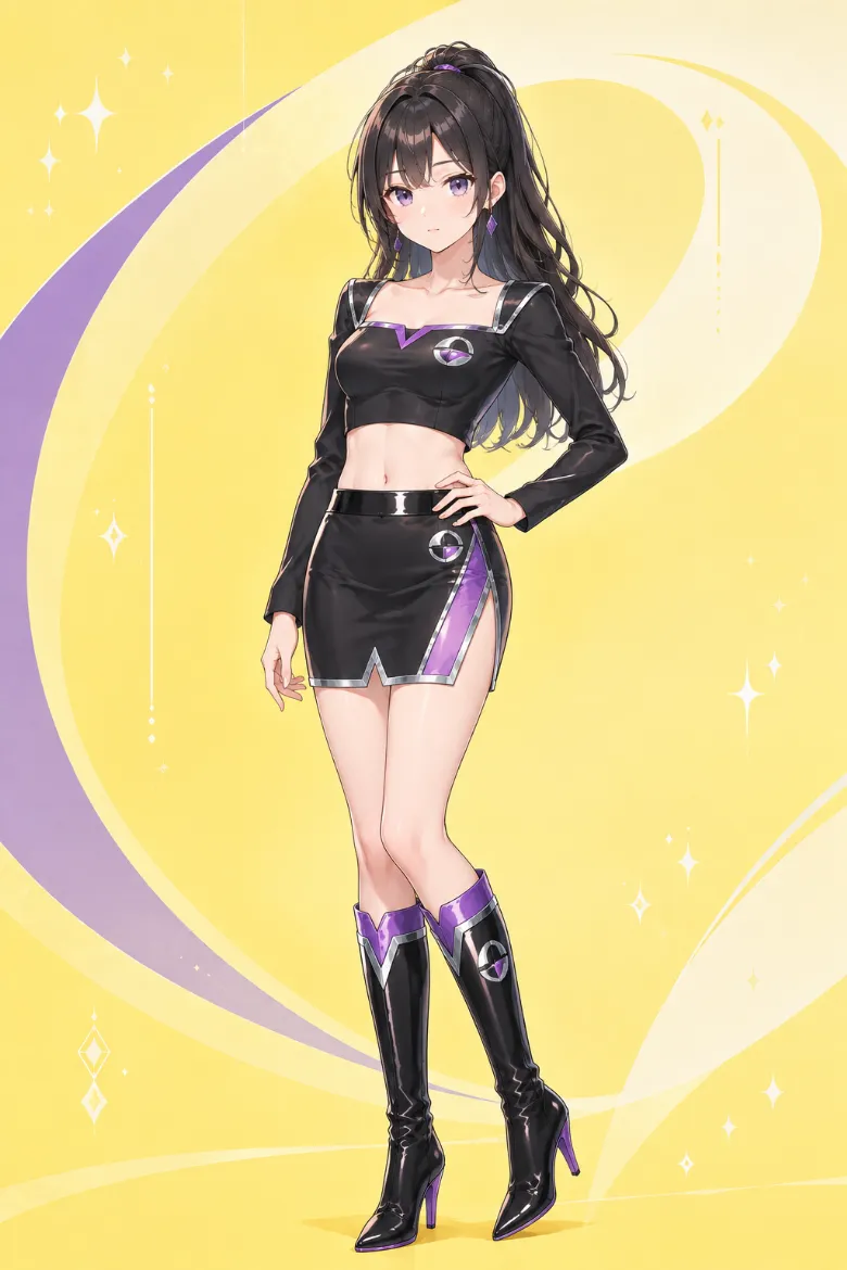 AIイラスト版｜バイオレットの透けスリットを入れた黒のクロップトップとタイトミニスカートのイベントコンパニオンの衣装