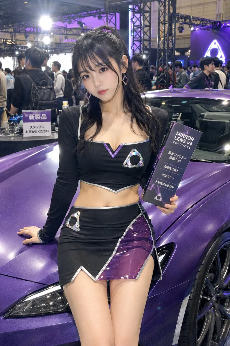 実写AI美女版｜バイオレットの透けスリットを入れた黒のクロップトップとタイトミニスカートのイベントコンパニオンの衣装