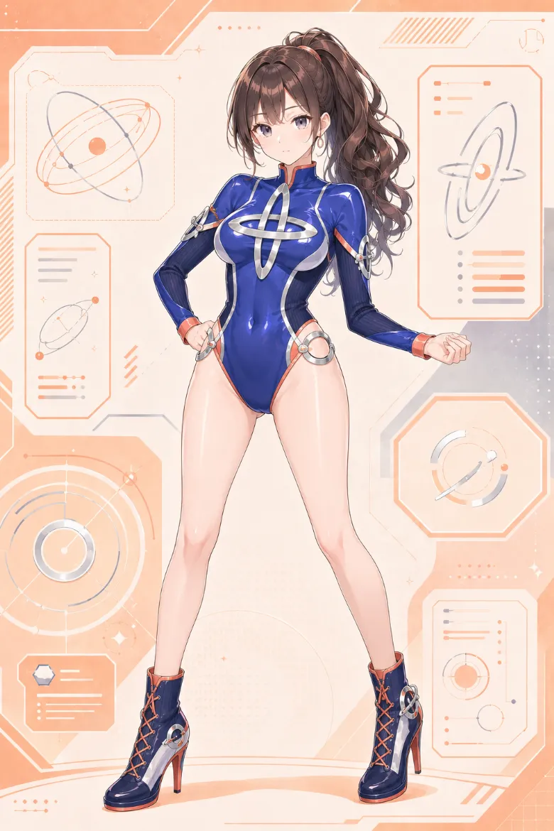 AIイラスト版｜シルバーの軌道リングを胸元に配したコバルトブルーの長袖ハイレグボディスーツのイベントコンパニオンの衣装